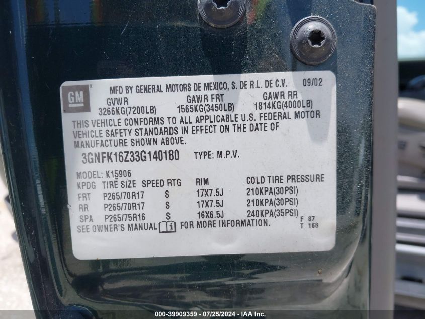 2003 Chevrolet Suburban 1500 Z71 VIN: 3GNFK16Z33G140180 Lot: 39909359