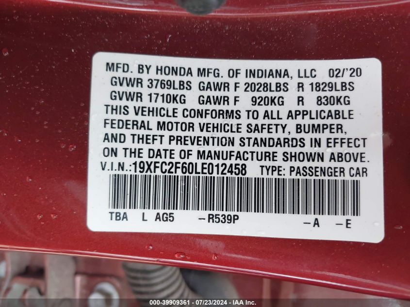 2020 Honda Civic Lx VIN: 19XFC2F60LE012458 Lot: 39909361