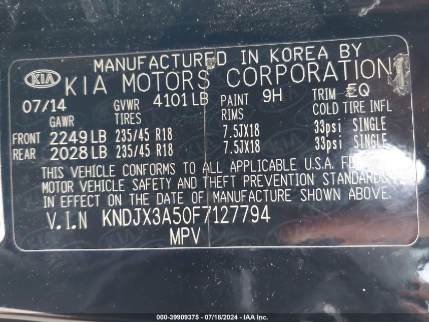2015 Kia Soul ! VIN: KNDJX3A50F7127794 Lot: 39909375
