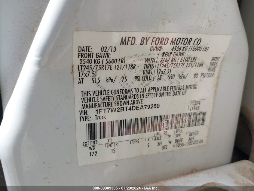 2013 Ford F250 Super Duty VIN: 1FT7W2BT4DEA79259 Lot: 39909385