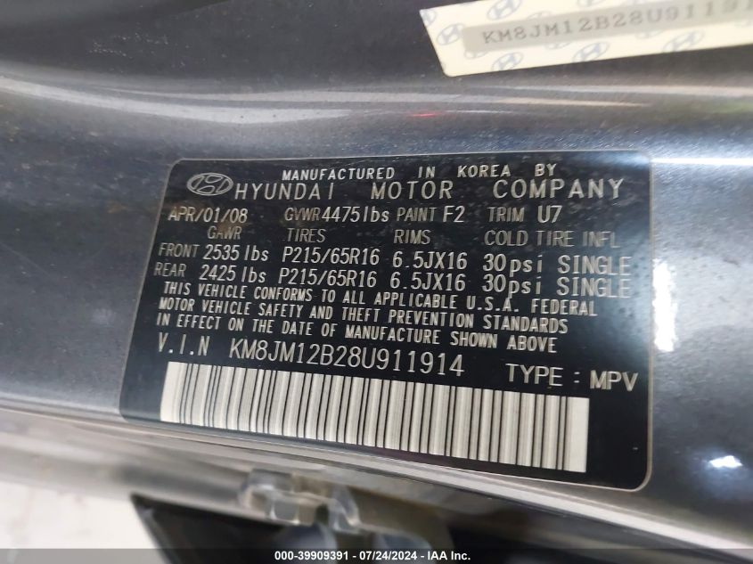 2008 Hyundai Tucson Gls VIN: KM8JM12B28U911914 Lot: 39909391