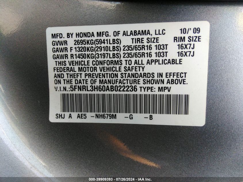 2010 Honda Odyssey Ex-L VIN: 5FNRL3H60AB022236 Lot: 39909393
