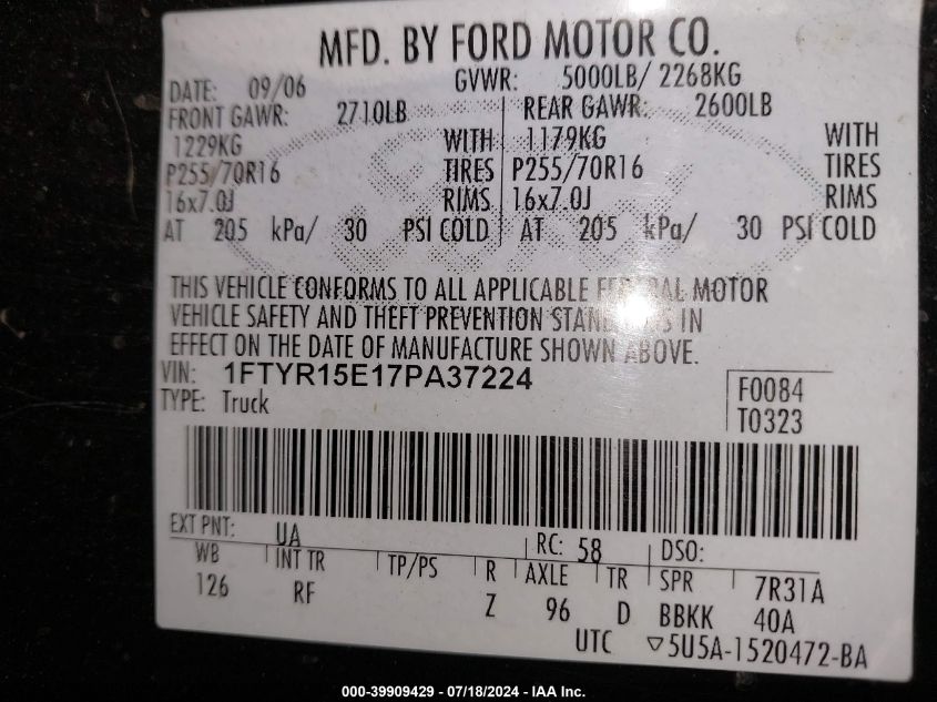 2007 Ford Ranger Fx4 Off-Road/Sport/Xl/Xlt VIN: 1FTYR15E17PA37224 Lot: 39909429