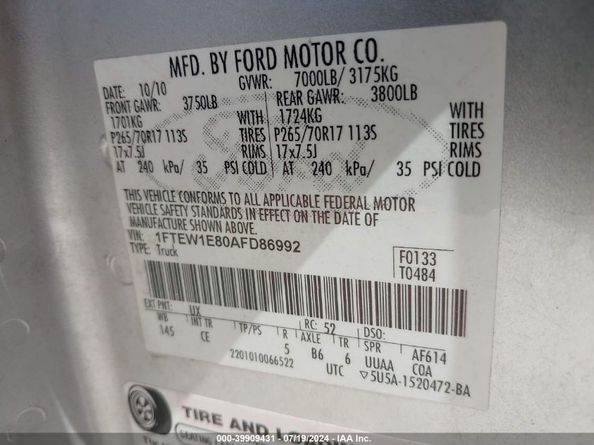 2010 Ford F-150 Xl/Xlt VIN: 1FTEW1E80AFD86992 Lot: 39909431