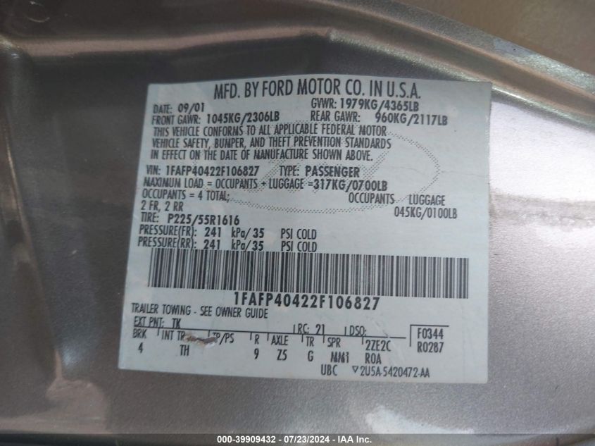 2002 Ford Mustang VIN: 1FAFP40422F106827 Lot: 39909432