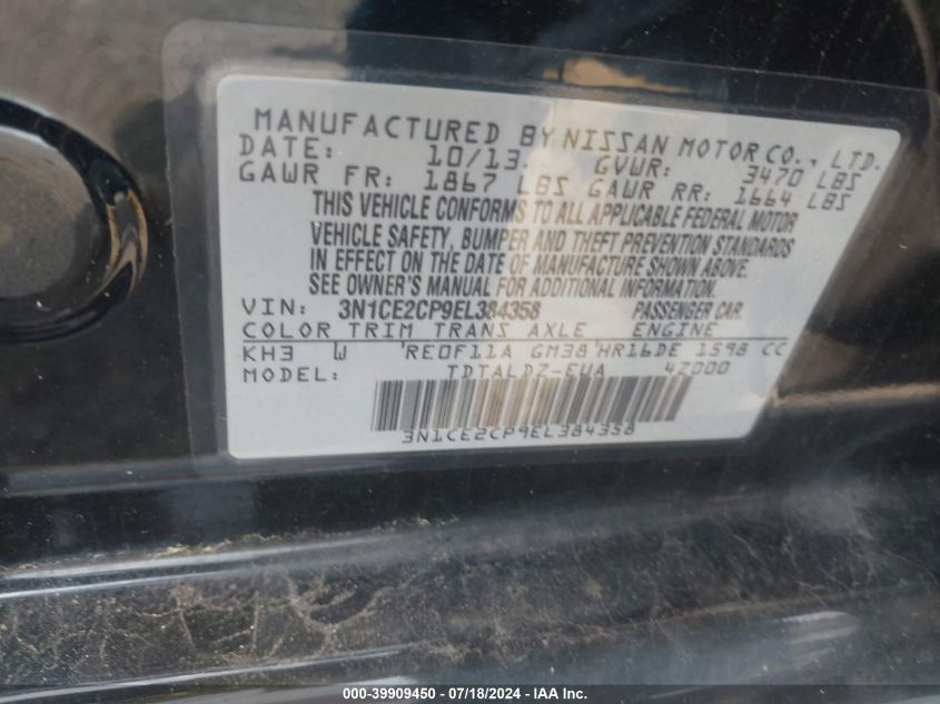 2014 Nissan Versa Note Sv VIN: 3N1CE2CP9EL384358 Lot: 39909450