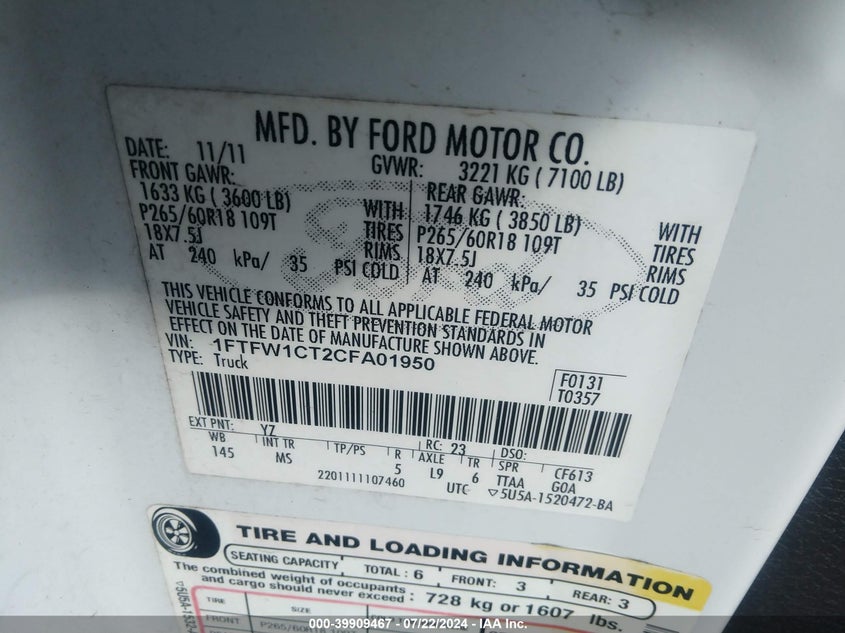 2012 Ford F-150 Xlt VIN: 1FTFW1CT2CFA01950 Lot: 39909467