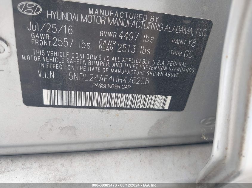 2017 Hyundai Sonata VIN: 5NPE24AF4HH476258 Lot: 39909478