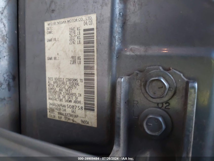 2010 Nissan Altima 2.5 S VIN: 1N4AL2AP4AN508758 Lot: 39909484