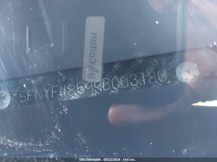 2009 Honda Pilot Ex-L VIN: 5FNYF48599B003180 Lot: 39909486