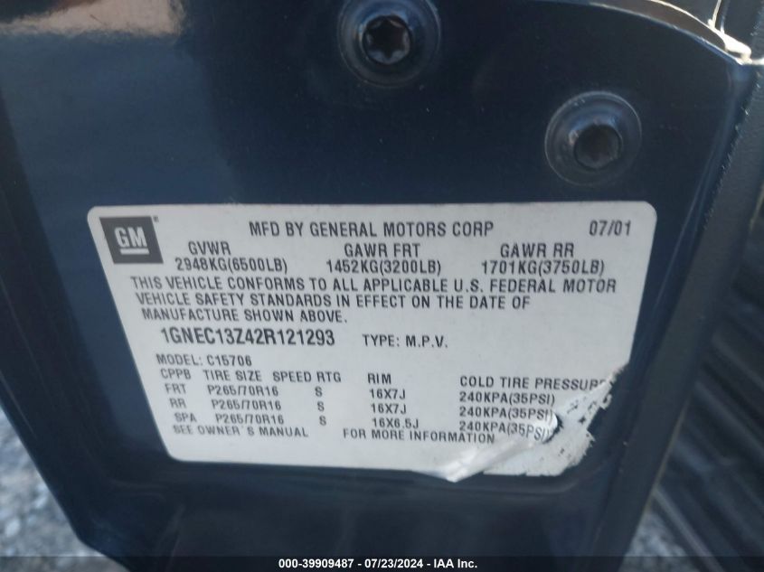 2002 Chevrolet Tahoe Ls VIN: 1GNEC13Z42R121293 Lot: 39909487