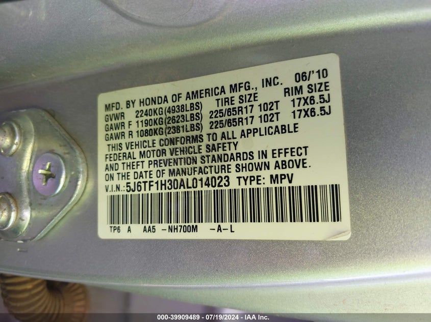 2010 Honda Accord Crosstour Ex VIN: 5J6TF1H30AL014023 Lot: 39909489