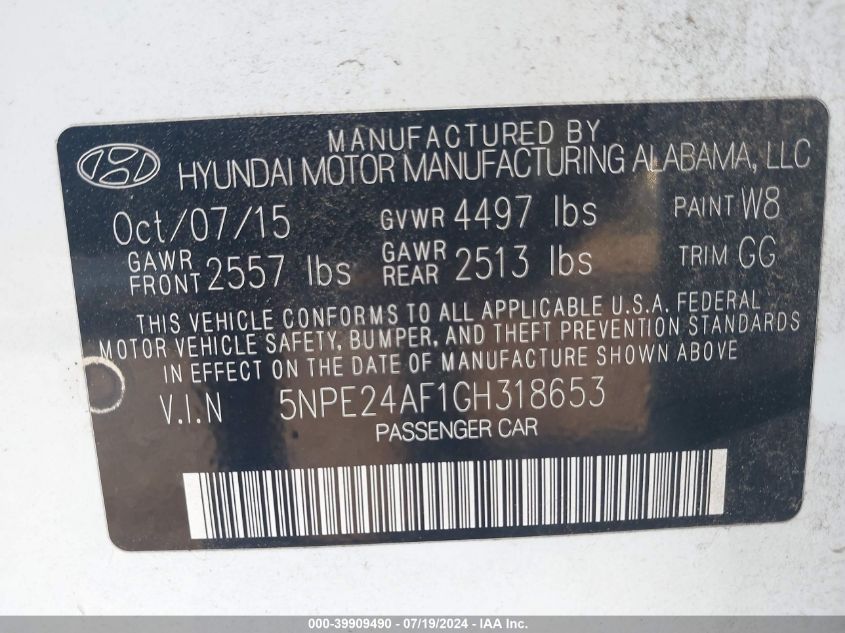 2016 Hyundai Sonata Se VIN: 5NPE24AF1GH318653 Lot: 39909490