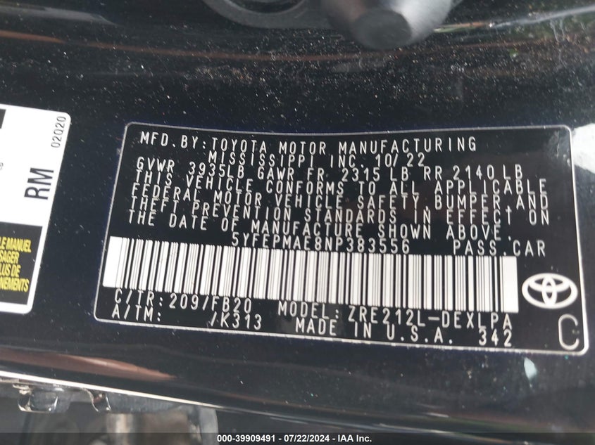 2022 TOYOTA COROLLA LE - 5YFEPMAE8NP383556