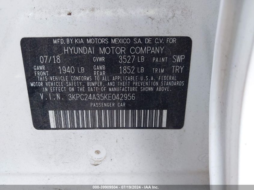 2019 Hyundai Accent Se/Sel VIN: 3KPC24A35KE042956 Lot: 39909504