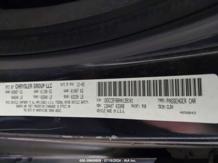 2010 Dodge Avenger R/T VIN: 1B3CC5FB8AN139101 Lot: 39909509
