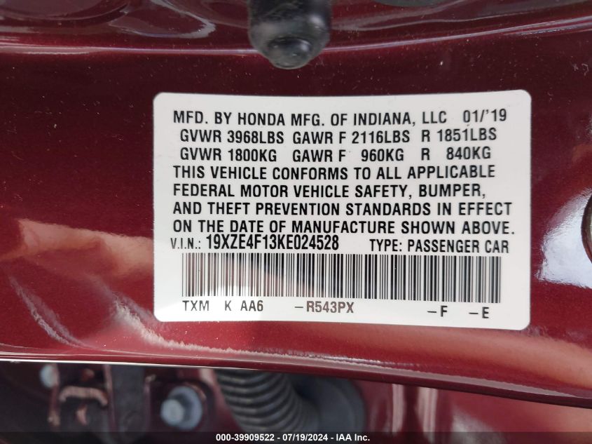 2019 Honda Insight Lx VIN: 19XZE4F13KE024528 Lot: 39909522