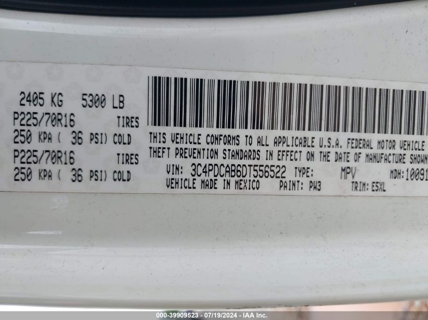 2013 Dodge Journey Se VIN: 3C4PDCAB6DT556522 Lot: 39909523