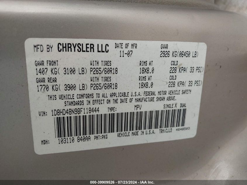 2008 Dodge Durango Slt VIN: 1D8HD48N98F118444 Lot: 39909526