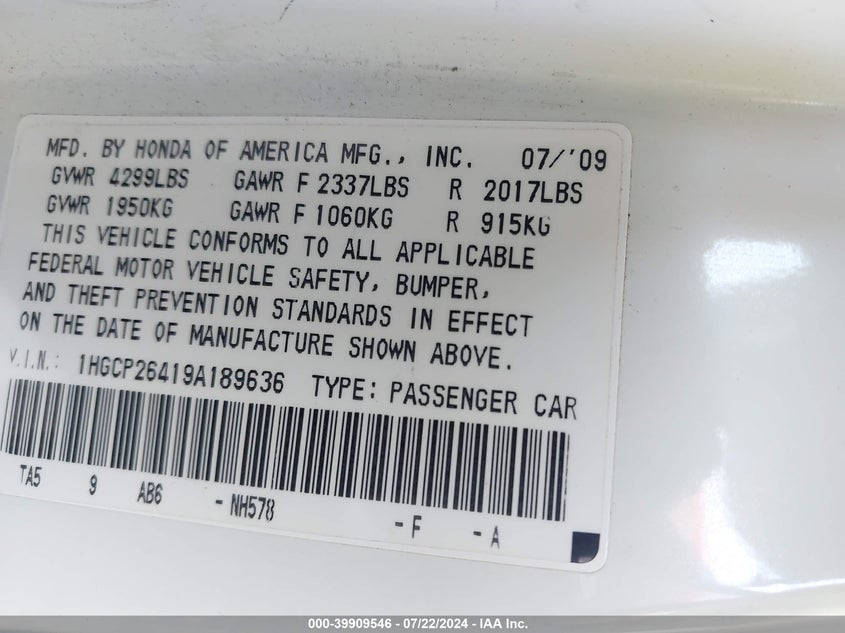 2009 Honda Accord 2.4 Lx-P VIN: 1HGCP26419A189636 Lot: 39909546