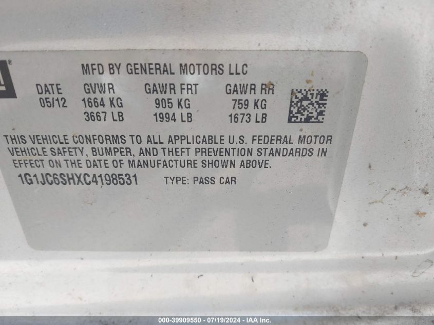 2012 Chevrolet Sonic Lt VIN: 1G1JC6SHXC4198531 Lot: 39909550