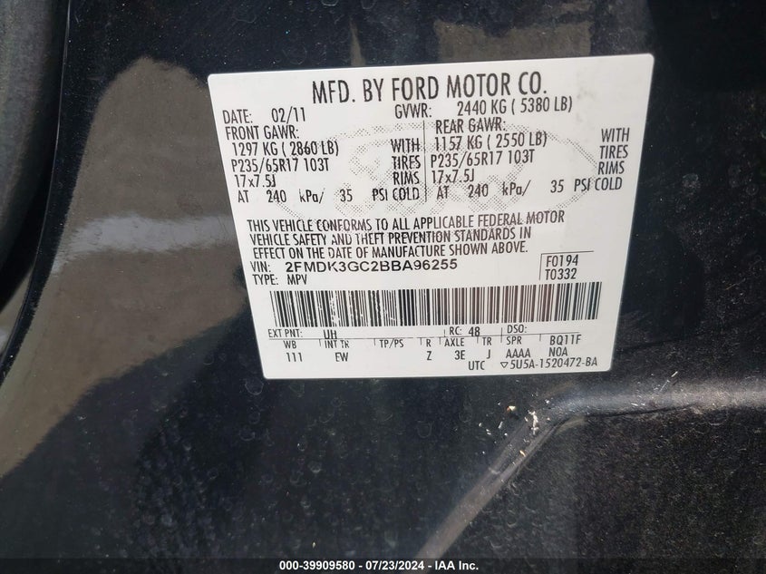 2011 Ford Edge Se VIN: 2FMDK3GC2BBA96255 Lot: 39909580