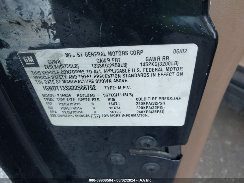 2002 Chevrolet Trailblazer Ls VIN: 1GNDT13S922506792 Lot: 39909584