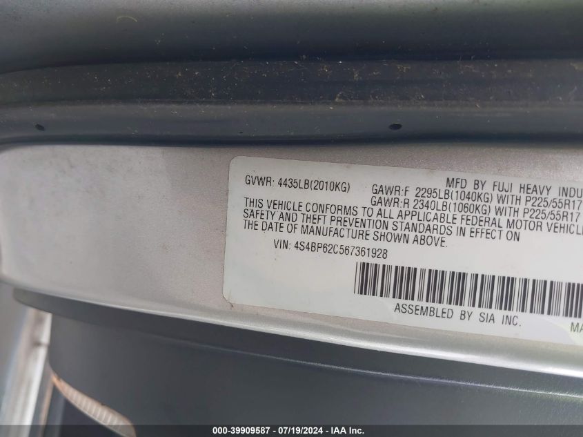 2006 Subaru Outback 2.5I Limited VIN: 4S4BP62C567361928 Lot: 39909587