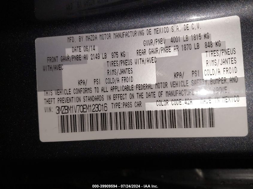 2014 Mazda Mazda3 I Touring VIN: 3MZBM1V70EM123016 Lot: 39909594