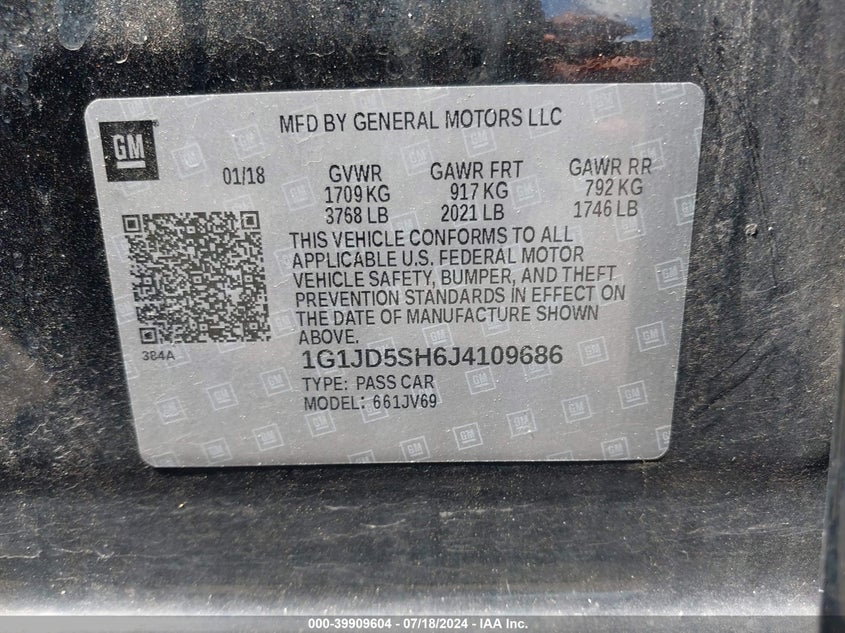 2018 Chevrolet Sonic Lt Auto VIN: 1G1JD5SH6J4109686 Lot: 39909604