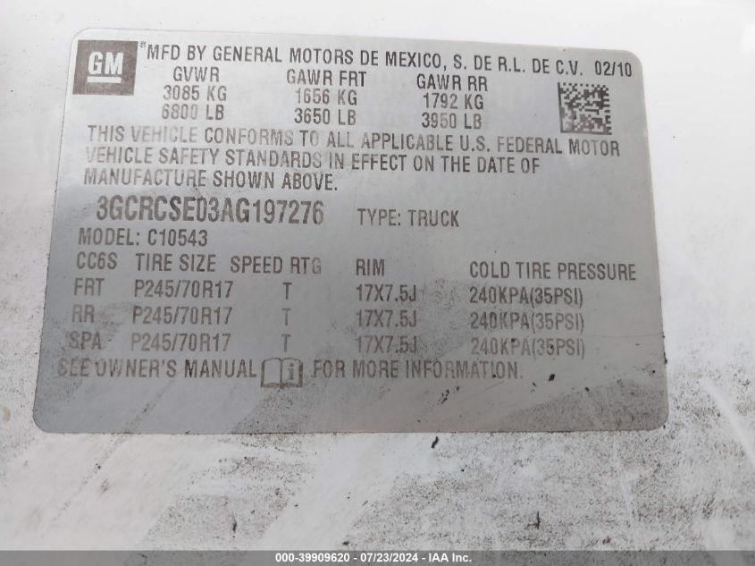 3GCRCSE03AG197276 2010 Chevrolet Silverado 1500 Lt