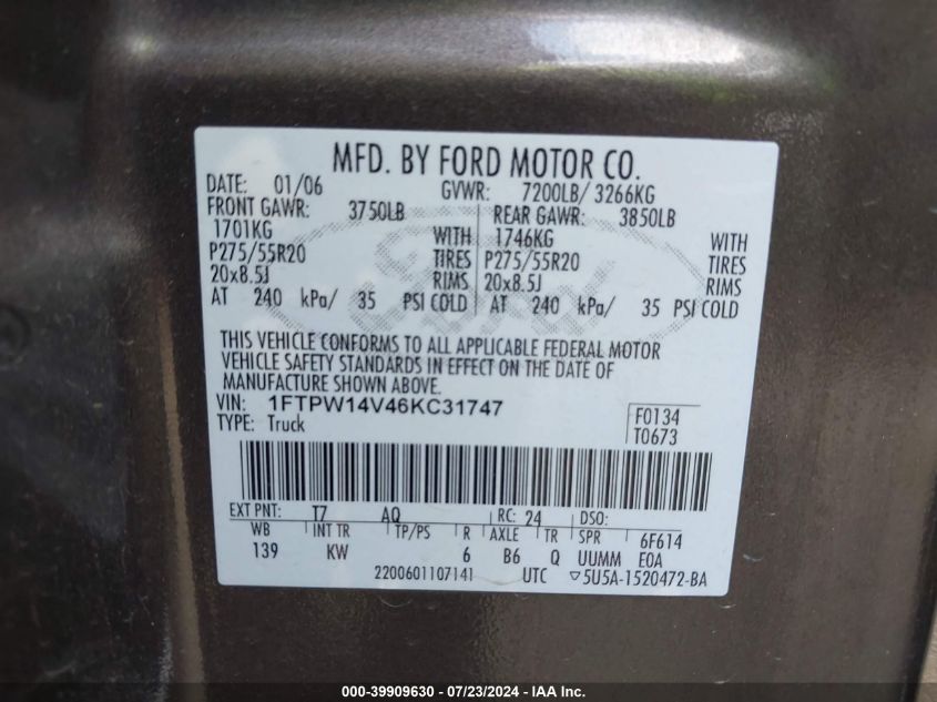 2006 Ford F-150 Fx4/Lariat/Xlt VIN: 1FTPW14V46KC31747 Lot: 39909630