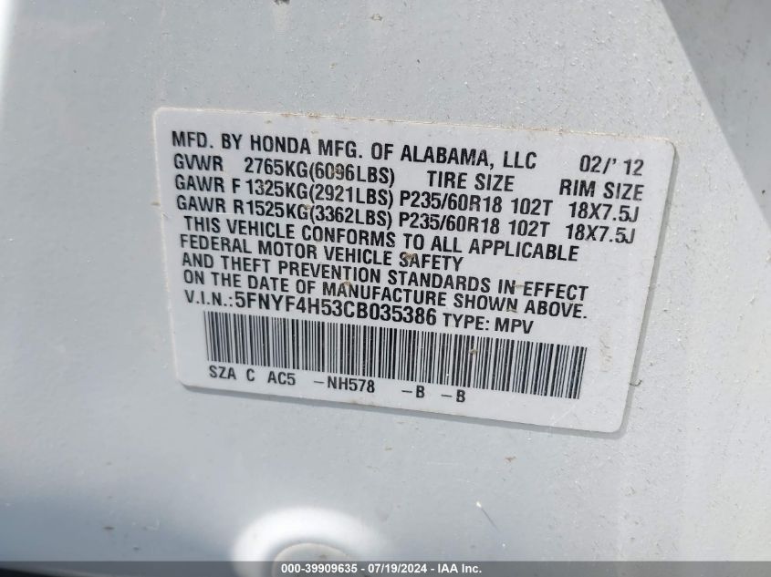 2012 Honda Pilot Ex-L VIN: 5FNYF4H53CB035386 Lot: 39909635