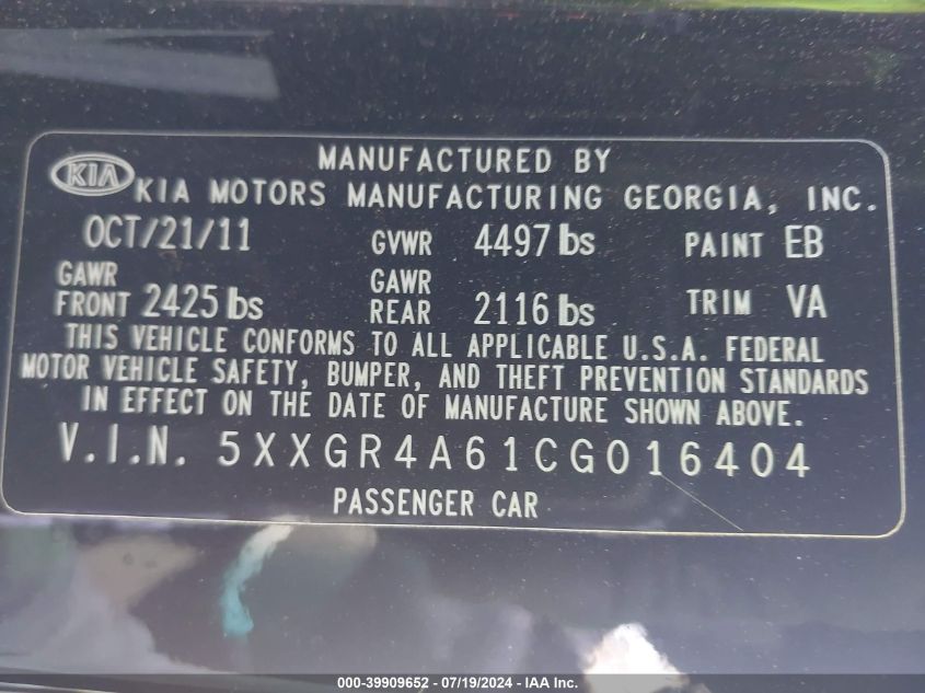 2012 Kia Optima Sx VIN: 5XXGR4A61CG016404 Lot: 39909652