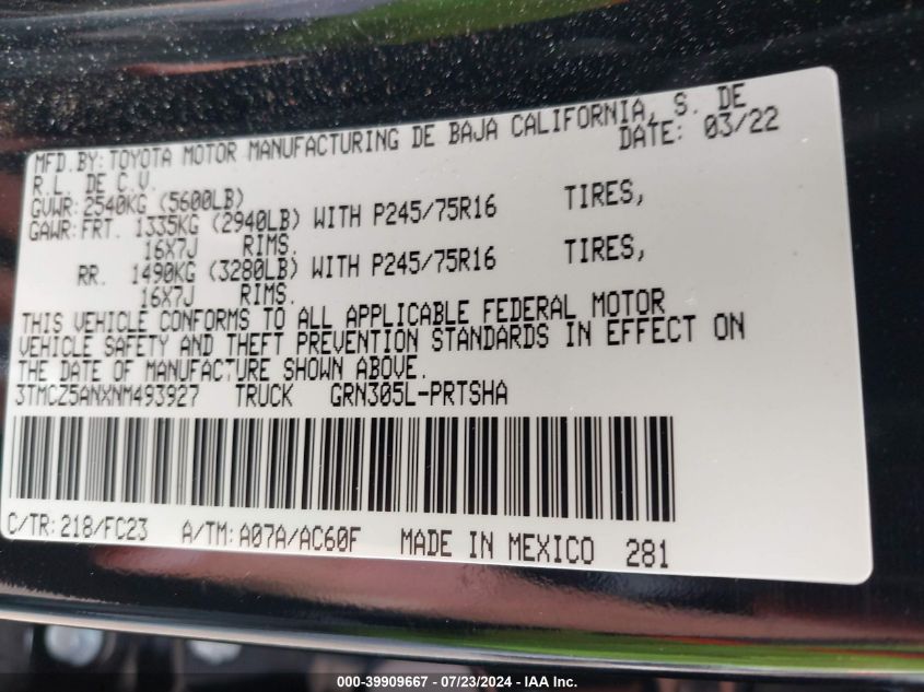 2022 TOYOTA TACOMA SR5 V6 - 3TMCZ5ANXNM493927