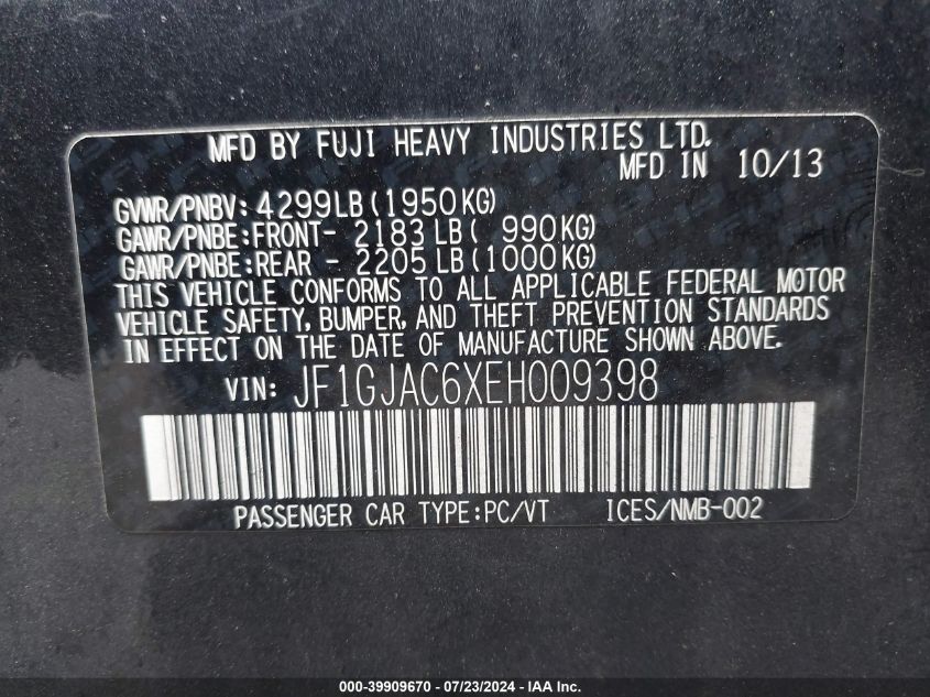 2014 Subaru Impreza 2.0I Premium VIN: JF1GJAC6XEH009398 Lot: 39909670