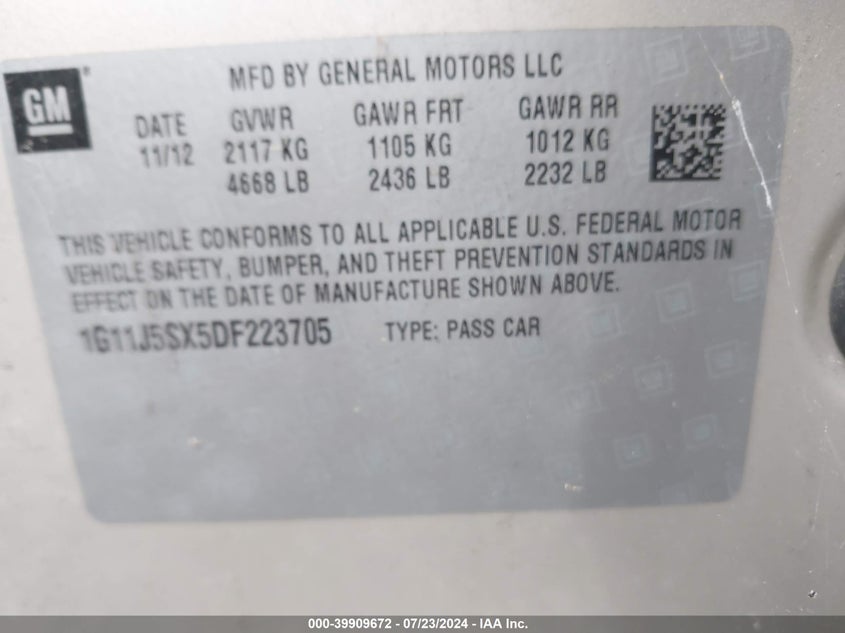 2013 Chevrolet Malibu 2Lz VIN: 1G11J5SX5DF223705 Lot: 39909672