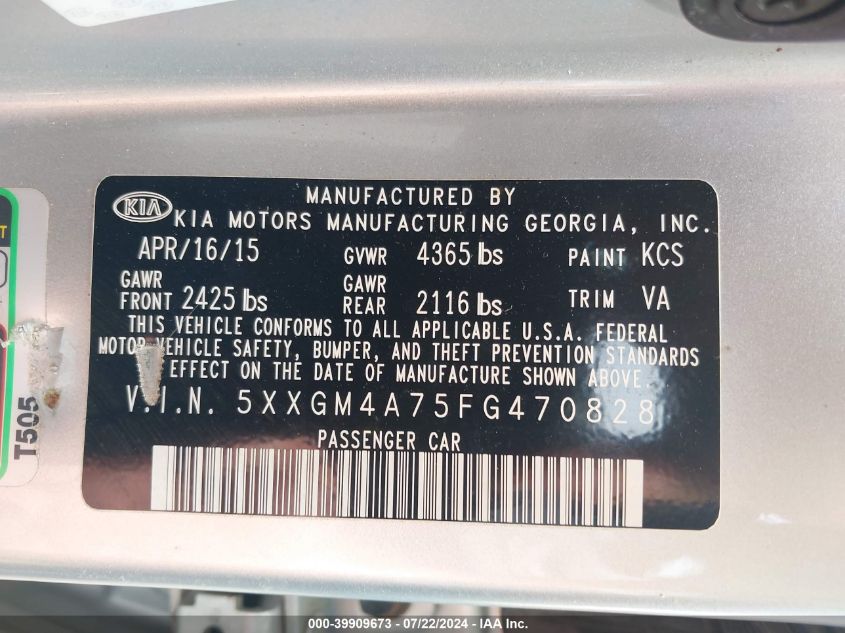 2015 Kia Optima Lx VIN: 5XXGM4A75FG470828 Lot: 39909673