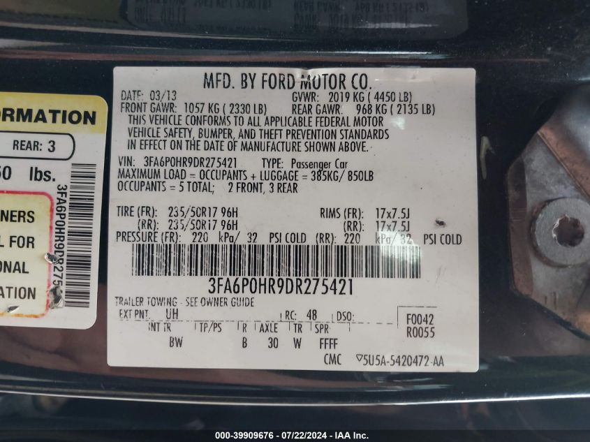 2013 Ford Fusion Se VIN: 3FA6P0HR9DR275421 Lot: 39909676