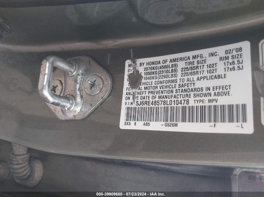 2008 Honda Cr-V Ex VIN: 5J6RE48578L010478 Lot: 39909680