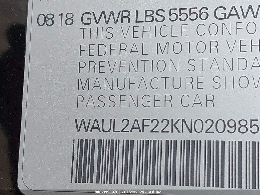 2019 Audi A6 55 Premium VIN: WAUL2AF22KN020985 Lot: 39909703