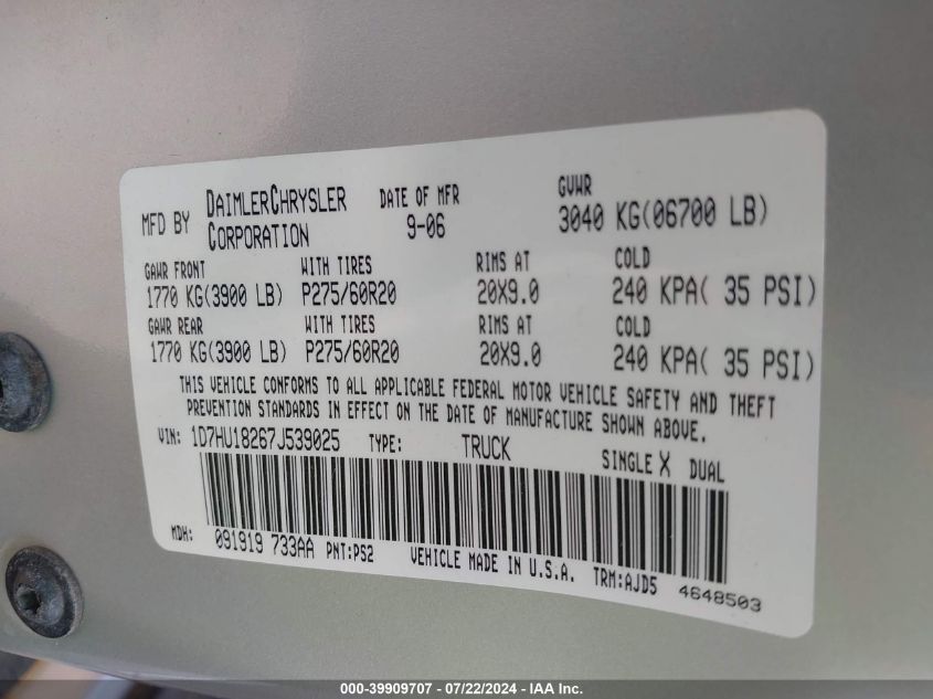 2007 Dodge Ram 1500 Slt/Trx4 Off Road/Sport VIN: 1D7HU18267J539025 Lot: 39909707