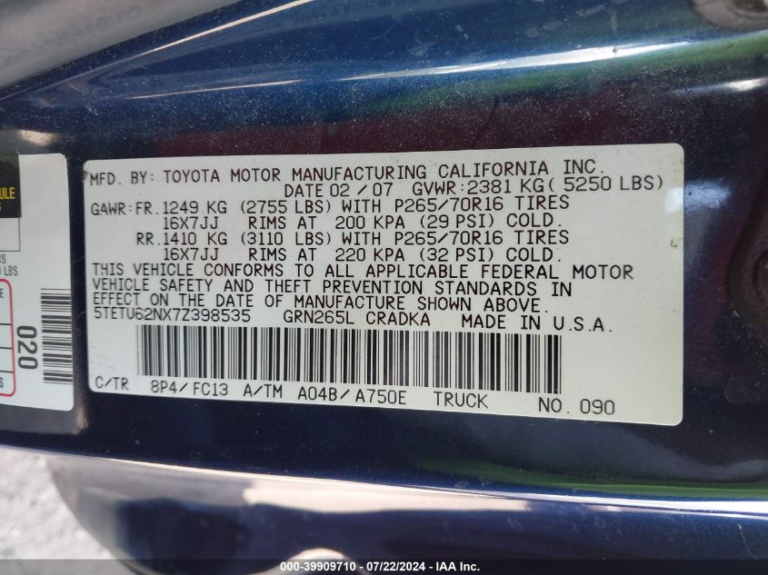 2007 Toyota Tacoma Prerunner V6 VIN: 5TETU62NX7Z398535 Lot: 39909710