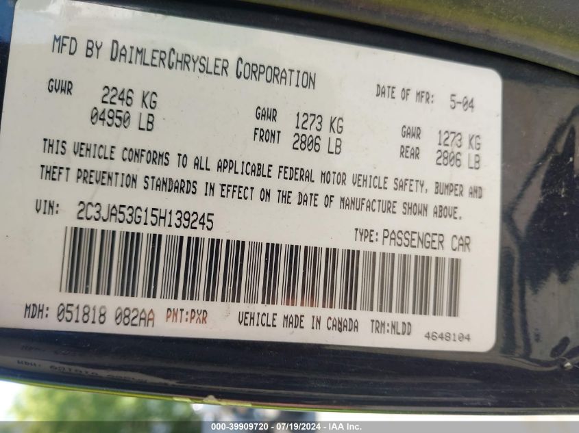 2005 Chrysler 300 Touring VIN: 2C3JA53G15H139245 Lot: 39909720