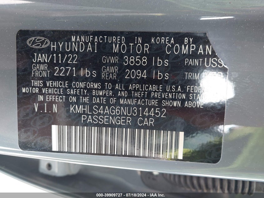 VIN KMHLS4AG6NU314452 2022 HYUNDAI ELANTRA SEL