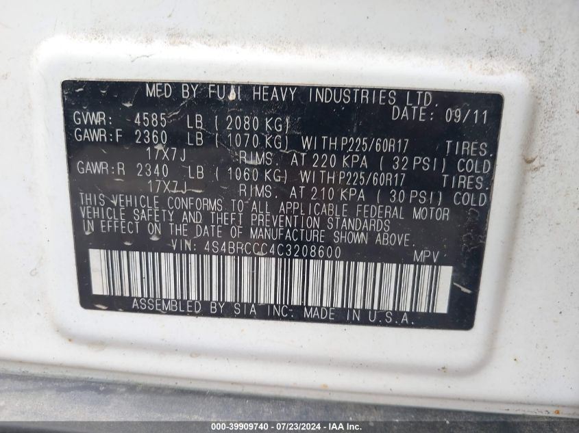 2012 Subaru Outback 2.5I Premium VIN: 4S4BRCCC4C3208600 Lot: 39909740