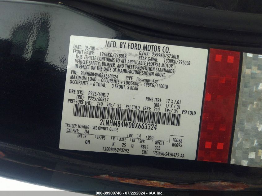 2008 Lincoln Town Car Executive L VIN: 2LNHM84W08X663324 Lot: 39909746