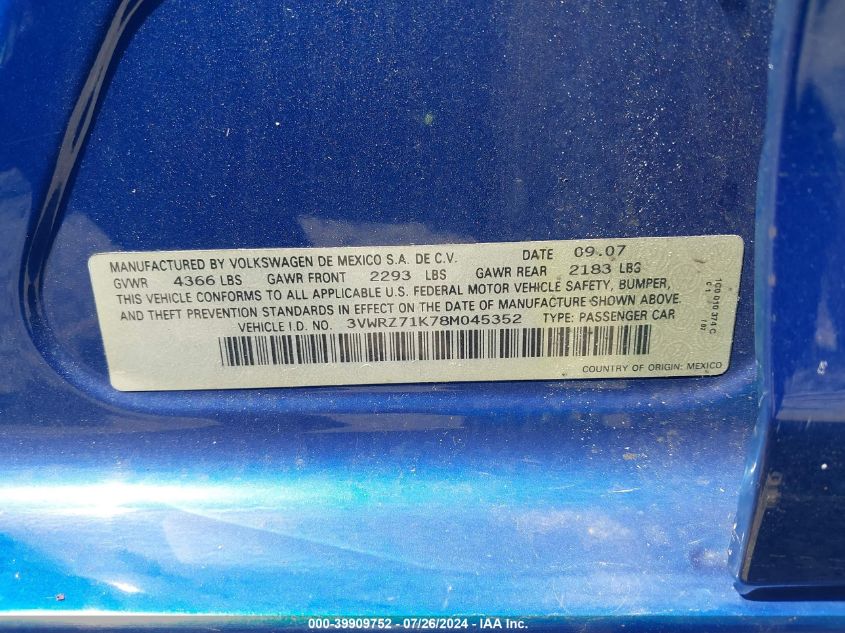2008 Volkswagen Jetta Se/Sel VIN: 3VWRZ71K78M045352 Lot: 39909752