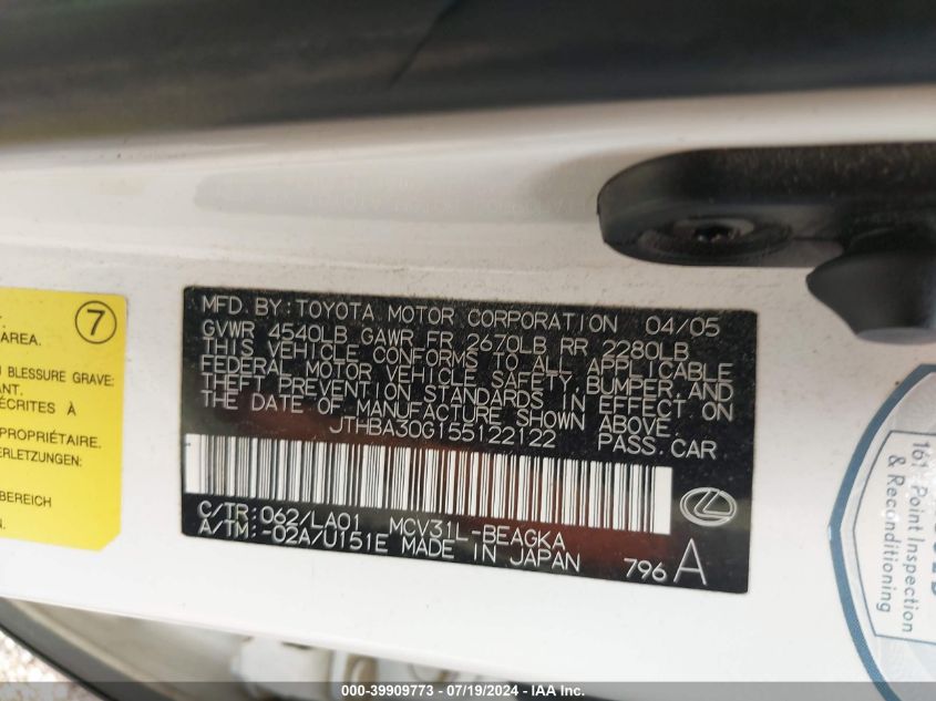 2005 Lexus Es 330 VIN: JTHBA30G155122122 Lot: 39909773