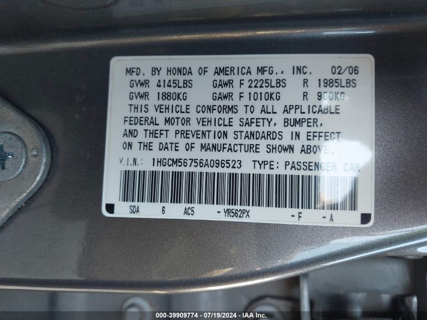 2006 Honda Accord 2.4 Ex VIN: 1HGCM56756A096523 Lot: 39909774